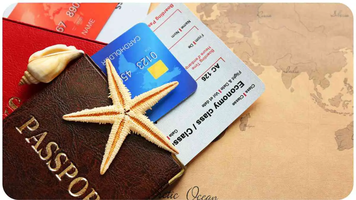 a passport, credit cards and a starfish on a map